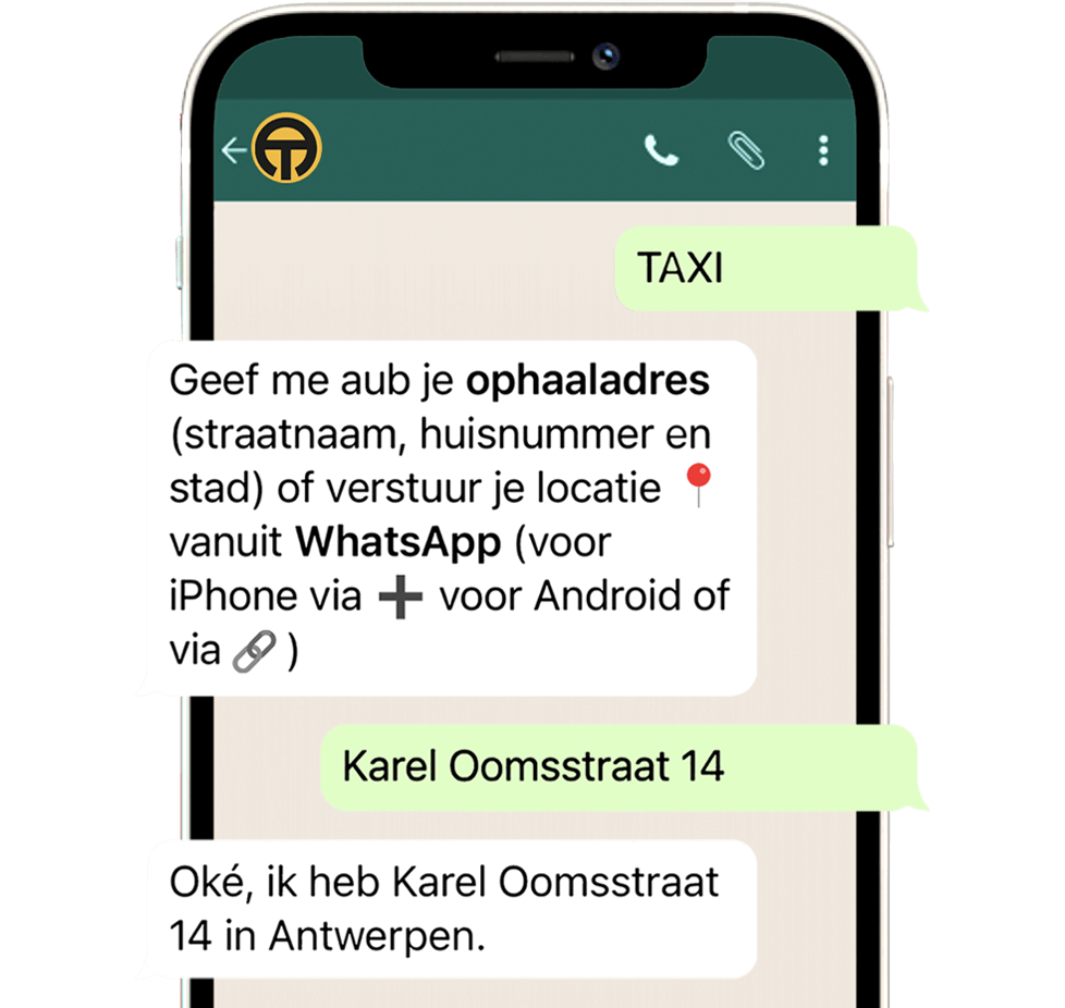 WhatsApp Taxi bestelservice op een smartphone, met instructies voor het bestellen van een taxi via WhatsApp in Antwerpen.